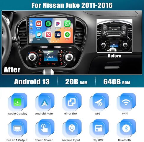 [8 Core 4G+64G] Android 13 Car Stereo for Nissan Juke 2011-2016 with Wireless Apple Carplay Android Auto,9'' Touchscreen Car Radio with WiFi,GPS Navigation,Bluetooth,FM/RDS,SWC+Backup Camera in Saudi Arabia