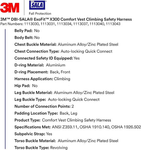 3M 113052 DBI-SALA ExoFit X300 سترة مريحة لوضع حزام الأمان للحماية من السقوط، OSHA، ANSI، الصناعة العامة، حلقة على شكل حرف D من الألومنيوم للظهر والورك، قفل تلقائي سريع للساق والصدر، L in Saudi Arabia