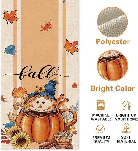 Fall Scarecrow Pumpkin Hot Cocoa Table Runner, Autumn Maple Leaves Sunflower Cookie Kitchen Dining Table Decoration, Seasonal Burlap Indoor Outdoor Home Decor Party Supply 13 x 72 Inch in Kuwait