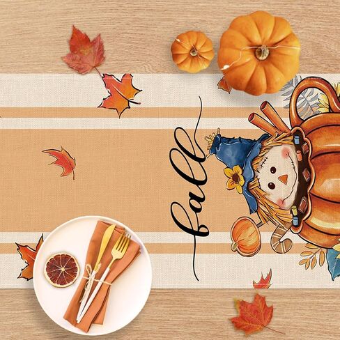 Fall Scarecrow Pumpkin Hot Cocoa Table Runner, Autumn Maple Leaves Sunflower Cookie Kitchen Dining Table Decoration, Seasonal Burlap Indoor Outdoor Home Decor Party Supply 13 x 72 Inch in Kuwait