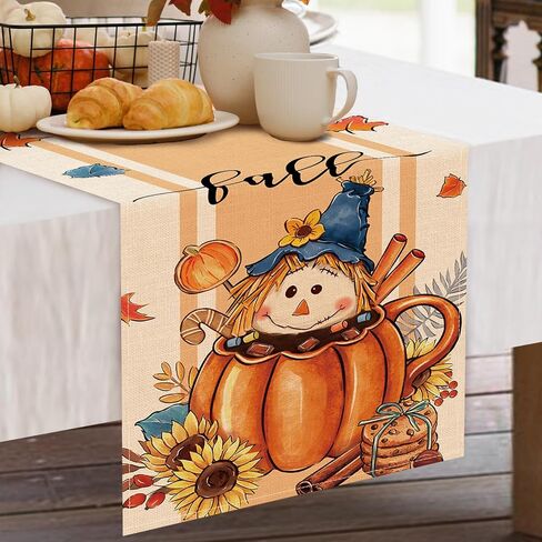 Fall Scarecrow Pumpkin Hot Cocoa Table Runner, Autumn Maple Leaves Sunflower Cookie Kitchen Dining Table Decoration, Seasonal Burlap Indoor Outdoor Home Decor Party Supply 13 x 72 Inch in Kuwait