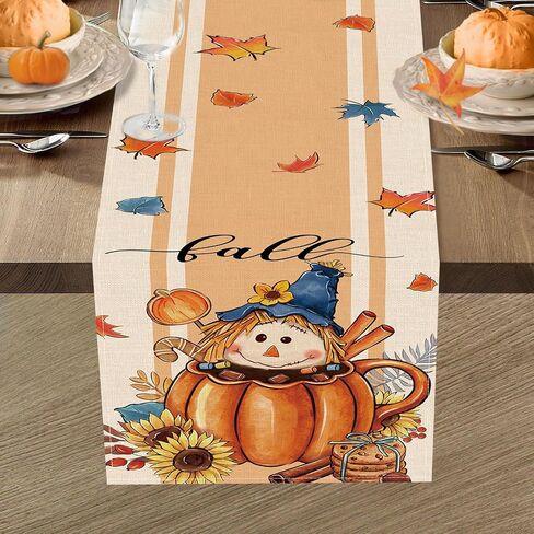 Fall Scarecrow Pumpkin Hot Cocoa Table Runner, Autumn Maple Leaves Sunflower Cookie Kitchen Dining Table Decoration, Seasonal Burlap Indoor Outdoor Home Decor Party Supply 13 x 72 Inch in Kuwait