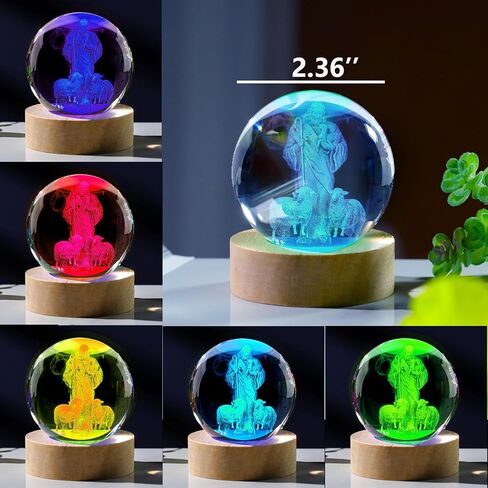 3D Crystal Good Shepherd Statue with Colorful Base Laser Engraved Jesus Figurine for Religious Gifts for Women Men on Christmas, Christian Catholic Church in Saudi Arabia
