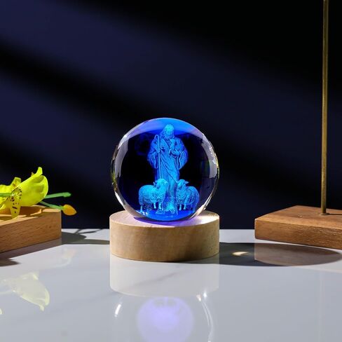 3D Crystal Good Shepherd Statue with Colorful Base Laser Engraved Jesus Figurine for Religious Gifts for Women Men on Christmas, Christian Catholic Church in Saudi Arabia