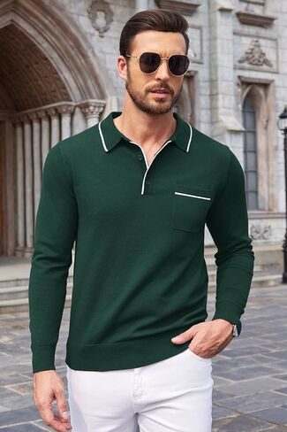 COOFANDY Knitted Long Sleeve for Men Button Collar Polo Sweaters Casual Business Dress Polo Fall Mens Sweater Polo Brown in Saudi Arabia