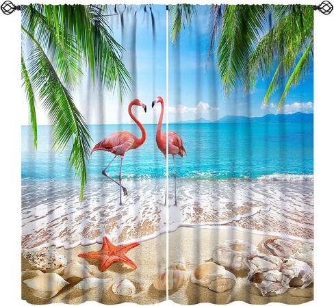Romantic Flamingo Curtains Natural Landscape Summer Ocean Beach Shells Art Printed Rod Pocket Blackout Window Drapes for Bedroom Living Room Kitchen Cafe Decor W21xL45in Decor in Saudi Arabia