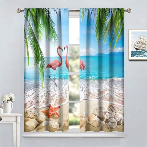 Romantic Flamingo Curtains Natural Landscape Summer Ocean Beach Shells Art Printed Rod Pocket Blackout Window Drapes for Bedroom Living Room Kitchen Cafe Decor W21xL45in Decor in Saudi Arabia