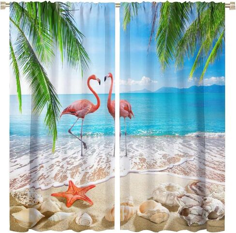 Romantic Flamingo Curtains Natural Landscape Summer Ocean Beach Shells Art Printed Rod Pocket Blackout Window Drapes for Bedroom Living Room Kitchen Cafe Decor W21xL45in Decor in Saudi Arabia