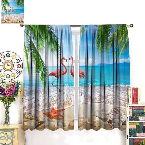 Romantic Flamingo Curtains Natural Landscape Summer Ocean Beach Shells Art Printed Rod Pocket Blackout Window Drapes for Bedroom Living Room Kitchen Cafe Decor W21xL45in Decor in Saudi Arabia