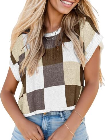 Womens Cap Sleeve Crop Tops Color Block Knit Summer Crew Neck Casual Sweaters in Saudi Arabia