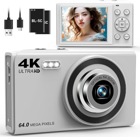 4K Digital Camera for Photography with 5X Optical Zoom, 64MP Autofocus Vlogging Camera, 16X Digital Zoom Compact Travel Camera with Wifi, Anti-Shake, 2 Batteries for Beginners and Teens(White) in Saudi Arabia