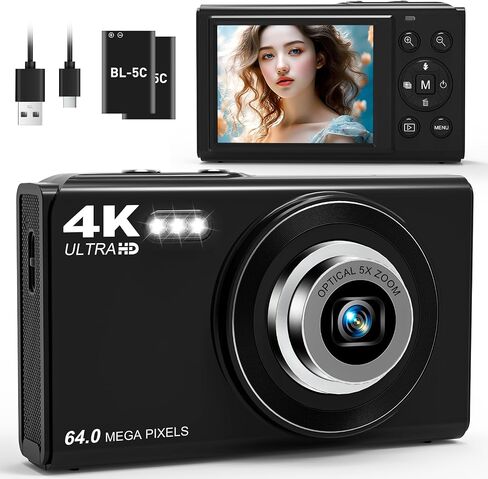 4K Digital Camera for Photography with 5X Optical Zoom, 64MP Autofocus Vlogging Camera, 16X Digital Zoom Compact Travel Camera with Wifi, Anti-Shake, 2 Batteries for Beginners and Teens(White) in Saudi Arabia