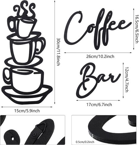 3 Pieces Coffee Bar Sign Coffee Bar Wall Sign Rustic Wooden Coffee Cup Wall Art Coffee Signs for Christmas Coffee Bar Wood Letter Sign Farmhouse Kitchen Wall Decor for Home Restaurants(Black) in Saudi Arabia