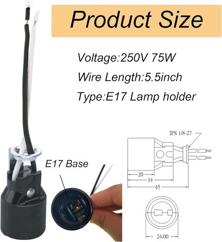 E17 Intermediate Base Lamp Holder,TWDRTDD US Standard Keyless Phenolic Socket with 5.9 Inch length wire,Mounting brackets for E17 Chandelier Base Bulbs (Black,3 Pack) in Kuwait