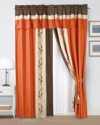 Chezmoi Collection Serene 4-Piece Luxury Orange/Brown/Taupe Autumn Floral Embroidery Window Curtain Panel Set with Sheer Backing Valance Tassels, 120 inch x 84 inch in Saudi Arabia