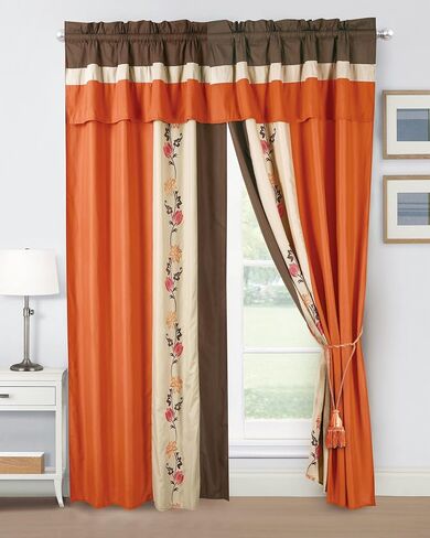 Chezmoi Collection Serene 4-Piece Luxury Orange/Brown/Taupe Autumn Floral Embroidery Window Curtain Panel Set with Sheer Backing Valance Tassels, 120 inch x 84 inch in Saudi Arabia