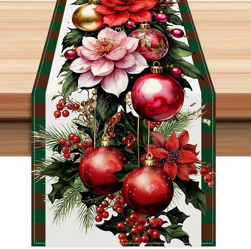 Christmas Ornament Ball Table Runner,Linen Red and Green Buffalo Check Christmas Runner,13 x 72 Inch Holiday Table Runners for Seasonal Winter Xmas Holiday Kitchen Dining Table Decoration in Saudi Arabia