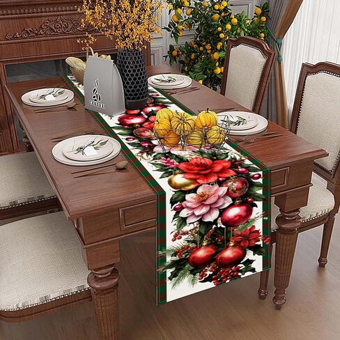 Christmas Ornament Ball Table Runner,Linen Red and Green Buffalo Check Christmas Runner,13 x 72 Inch Holiday Table Runners for Seasonal Winter Xmas Holiday Kitchen Dining Table Decoration in Saudi Arabia