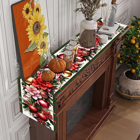 Christmas Ornament Ball Table Runner,Linen Red and Green Buffalo Check Christmas Runner,13 x 72 Inch Holiday Table Runners for Seasonal Winter Xmas Holiday Kitchen Dining Table Decoration in Saudi Arabia