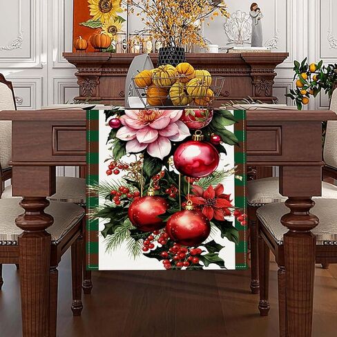 Christmas Ornament Ball Table Runner,Linen Red and Green Buffalo Check Christmas Runner,13 x 72 Inch Holiday Table Runners for Seasonal Winter Xmas Holiday Kitchen Dining Table Decoration in Saudi Arabia