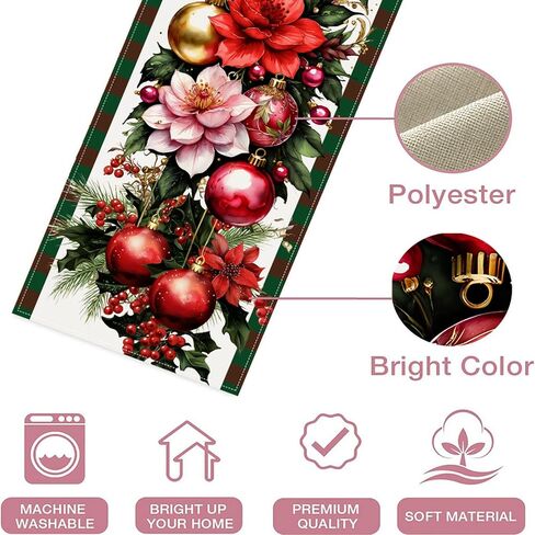 Christmas Ornament Ball Table Runner,Linen Red and Green Buffalo Check Christmas Runner,13 x 72 Inch Holiday Table Runners for Seasonal Winter Xmas Holiday Kitchen Dining Table Decoration in Saudi Arabia