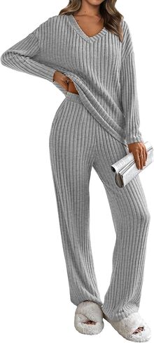 PRETTYGARDEN Women's 2 Piece Lounge Sets Ribbed Knit Long Sleeve V Neck Pullover Tops Wide Leg Pants Fall Winter Outfits in Saudi Arabia