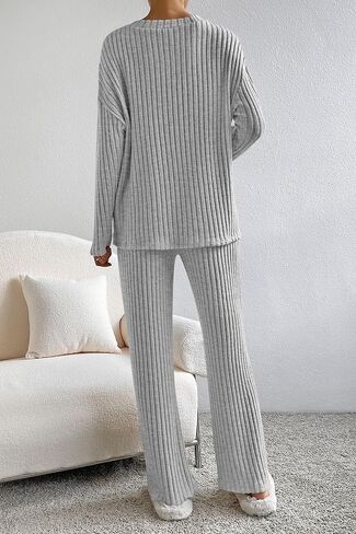 PRETTYGARDEN Women's 2 Piece Lounge Sets Ribbed Knit Long Sleeve V Neck Pullover Tops Wide Leg Pants Fall Winter Outfits in Saudi Arabia