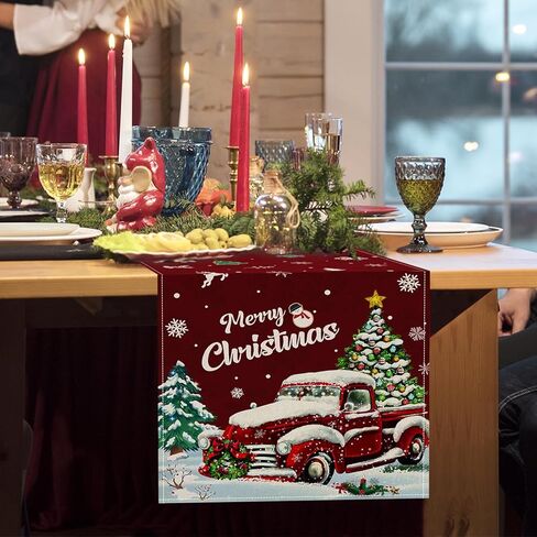 مفرش طاولة عيد الميلاد، شاحنة حمراء عيد ميلاد سعيد، مفرش طاولة مقاس 13 × 72 بوصة لتزيين الطاولة في الأماكن المغلقة والخارجية وديكور حفلات المنزل in Kuwait