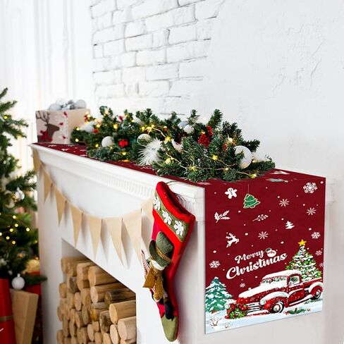 مفرش طاولة عيد الميلاد، شاحنة حمراء عيد ميلاد سعيد، مفرش طاولة مقاس 13 × 72 بوصة لتزيين الطاولة في الأماكن المغلقة والخارجية وديكور حفلات المنزل in Kuwait