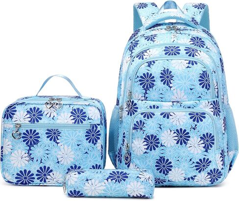 YJMKOI 3Pcs Daisy Print Backpack for Girls Elementary Students School Bags Set Teenage Girls Backpack with Lunch Box (Blue) in Saudi Arabia