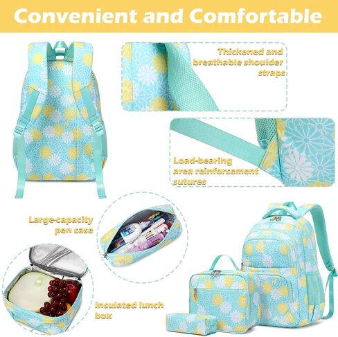 YJMKOI 3Pcs Daisy Print Backpack for Girls Elementary Students School Bags Set Teenage Girls Backpack with Lunch Box (Blue) in Saudi Arabia
