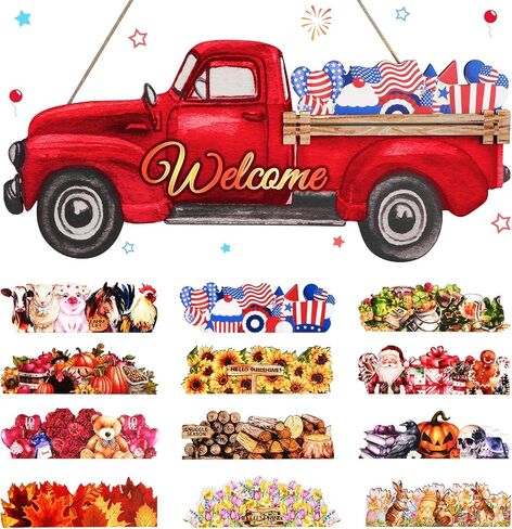 PY HOME & SPORTS Interchangeable Welcome Sign Red Truck Decor, Farmhouse Welcome Sign for Front Door Interchangeable Rustic Home Decor Hanging with 12 Holiday Icons for Holiday/Seasonal in Saudi Arabia