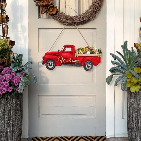 PY HOME & SPORTS Interchangeable Welcome Sign Red Truck Decor, Farmhouse Welcome Sign for Front Door Interchangeable Rustic Home Decor Hanging with 12 Holiday Icons for Holiday/Seasonal in Saudi Arabia