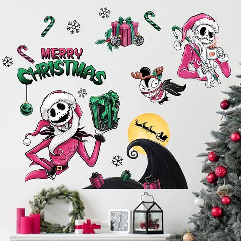 Mfault Merry Christmas Jack Skellington ملصقات الحائط الشارات، أرجواني عيد الميلاد القمر زينة غرفة نوم الأطفال الفن، مضحك السنة الجديدة 2025 حزب ديكور المنزل المطبخ هدية عطلة in Saudi Arabia