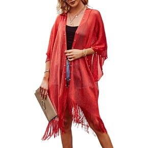 Ferand Women's Pearl Fringe Kimono Cardigan Sheer Loose Swim Cover Up for Beach, Pool, and Vacation