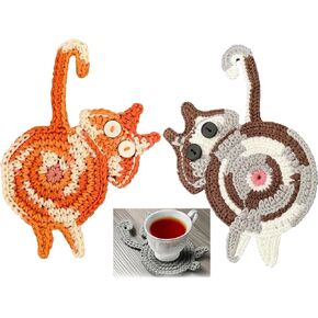 Cute Cat Cup Coasters, Cat Gifts for Cat Lovers, Cat Coaster Woven Creative Cat Knitted Coasters Funny Cat Drink Insulation Coaster Coffee and Tea Coaster Table Protection Desktop Gifts (4PCS)