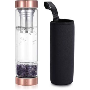 Yoption Crystal Water Bottle, Rose Quartz Healing Glass Water Bottle, Includes a Loose Leaf Tea Infuser Bottle and Protective Sleeve