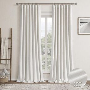 Natural Linen 100% Black Out Curtains 108 Inches Long 2 Panels Set for Bedroom Cream White Pinch Pleated Thermal Insulated Energy Efficient Blackout Curtains Living Room High Ceiling Length 9 Feet