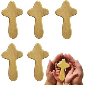 EAEDMY 5 Pieces 3.94in Hand Held Crosses, Portable Pine Wooden Holding Cross, Jesus Cross Prayer Cross for Religious Occasion or Communion (5pcs light brown)