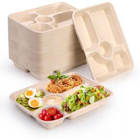 50 Pack 5 Compartment Disposable Paper Plates, 11" x 8" Compostable Bagasse School Lunch Tray, Heavy-Duty Sectional Sugarcane Plate, Divided Platter Tray for Buffet Party, Microwave Safe