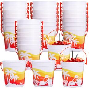 Lallisa 32oz Cocktail Rum Buckets for Drinks 4.69 x 3.78 x 4.8 Inches Plastic Bucket Drink Buckets for Parties with Handles (12 Pcs)