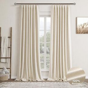 102 Inches Long Beige Linen Blackout Curtains for Bedroom Hook Belt Track System Rustic Classic Farmhouse Light Block Out Curtains 102 Inch Length Textured Canvas Cloth Room Darkening Curtain