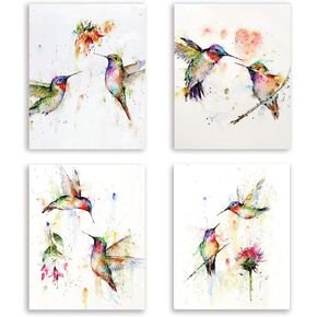 KAIRNE Abstract Birds Art print Watercolor Hummingbirds and Flower Branch Canvas Painting,Set of 4(8"x10") unframed,Nature Wall Art Poster for Living Room Bedroom Office Decoration