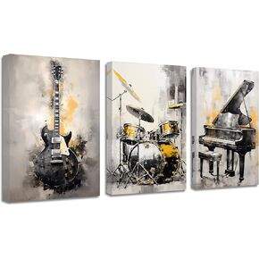 QIXIANG Music Canvas Wall Art for Music Lover Gift 3 PCS Black and Gold Guitar Piano and Drum Set Picture Prints for Music Studio Home Decor Framed (A, 12.00" x 16.00" x3Pcs)