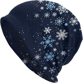 LAIPUTER Christmas Snowflakes Blue Beanie Standard Closed Chemo Knitted Hats Baggy Slouchy Skull Cap Cancer Headwear for Women Men
