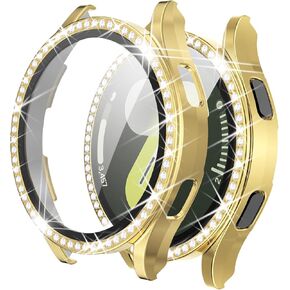 Hard Screen Protector Compatible with Samsung Galaxy Watch 6 44mm Bling Case, Super Shiny Diamonds Bumper, Ultra Clear Tempered Glass Screen Film Full Protective Face Cover (Watch 6 44mm, Gold)