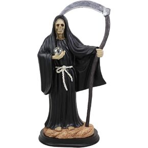 Ebros Gift 12.75" Tall Holy Death Santa Muerte Holding Scythe in Black Tunic Robe Statue Day of The Dead Decorative Figurine Symbol of Protection from The Evil Eye