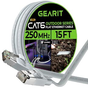 كابل إيثرنت مسطح خارجي من GearIT Cat 6 (15 قدمًا، رمادي) سترة LLDPE مُصنفة للدفن المباشر - داخلي Cat6 محمي FTP بسرعة 10 جيجابت في الثانية شبكة كمبيوتر ألعاب عالية السرعة RJ45 سلك توصيل بدون تشابك للإنترنت