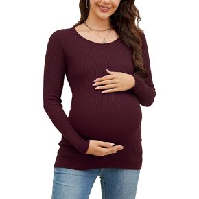 Maternity Shirts Ribbed Knit Long Sleeve Crewneck Pregnancy Tunic Tops Casual Maternity Clothes