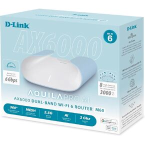 D-Link AX6000 WiFi 6 Mesh Router | Contemporary Design | High-Performance | Feature Rich | AI Enabled | Parental Controls | Covers up to 3000+ sq. ft | Expandable Mesh (M60)